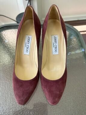 Jimmy Choo Romy 85 Burgundy Suede Stiletto Pumps Size 37.5 / 7-7.5 EUC